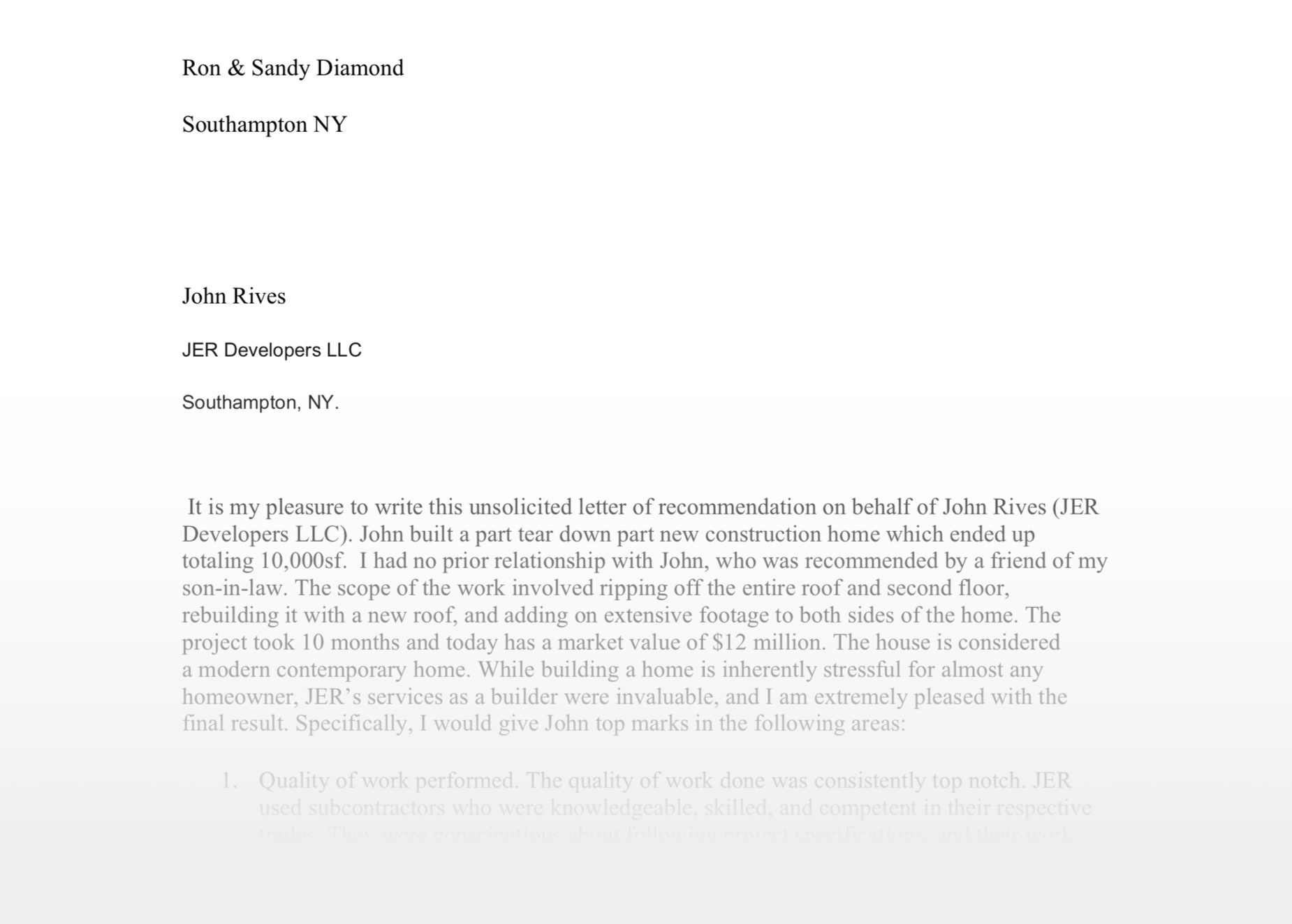 Recommendation Letter from Ron and Sandy Diamond.